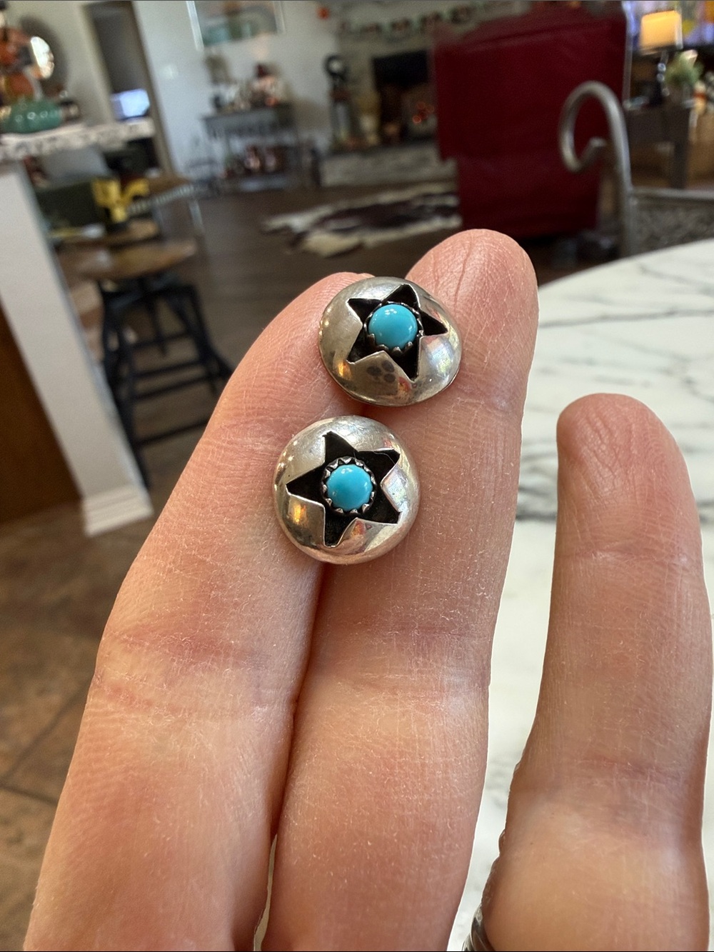 Vintage Navajo Sterling Shadowbox 5 Point Star Turquoise Stud Earrings